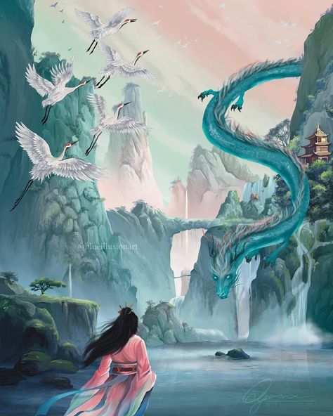 Artist: blueillusionart The Dragons Promise Fanart, Six Crimson Cranes Aesthetic, Six Crimson Cranes Fanart, Dragons Promise, Six Crimson Cranes, Mythology Books, Beneath The Sea, Watercolor Journal, Crane Bird