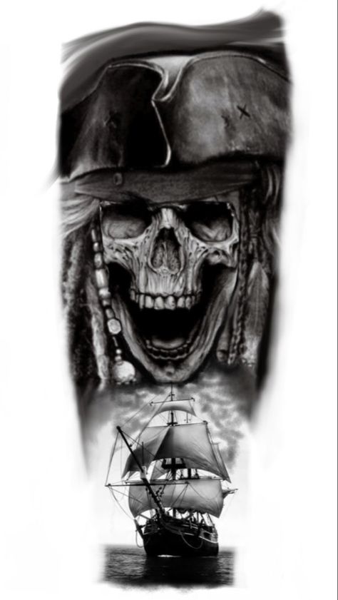 Pirates Skull Tattoo, Pirates Tattoo Design, Skull Pirate Tattoo, Pirates Tattoo, Ship Tattoo Sleeves, Pirate Skull Tattoos, Nautical Tattoo Sleeve, Pirate Ship Tattoo, Poseidon Tattoo