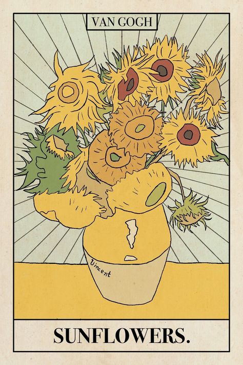 The Sun Tarot Card Illustration, Sunflower Tarot Card, Van Gogh Illustration Art, Sunflowers Vincent Van Gogh, Van Gogh Ayçiçekleri, Sunflower Aesthetic Drawing, Van Gogh Sunflower Tattoo, Vincent Van Gogh Tattoo, Sunflower Painting Van Gogh