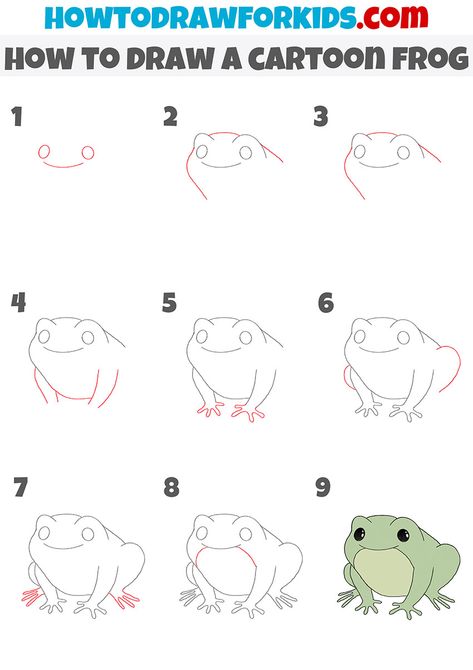 how to draw a cartoon frog step by step How To Draw Cartoon Frog, How To Draw A Frog Step By Step, How To Draw Frogs, Doodle Ideas Creativity, How To Draw Frog, Frog Drawing Step By Step, Frog Easy Drawing, How To Draw A Frog, Frog Drawing Tutorial