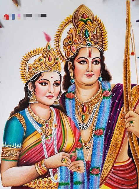 Ram Sita Pencil Colour Drawing, Sita Ram Paintings Hindu Art, Sita Ram Drawing, Ram Sita Drawing Sketch, Target Art, Bal Hanuman, Art Competition Ideas, Maa Lakshmi, Fruit Art Drawings