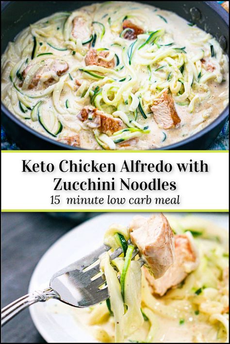 pan and plate with keto chicken alfredo and text Chicken Alfredo With Zucchini Noodles, Zucchini Chicken Alfredo Pasta, Zucchini Noodles With Chicken, Chicken Alfredo Zoodles, Keto Shrimp Alfredo Zucchini Noodles, Easy Zucchini Noodle Recipes, Zucchini Alfredo Pasta, Chicken And Zucchini Noodles, Chicken Alfredo Dinner