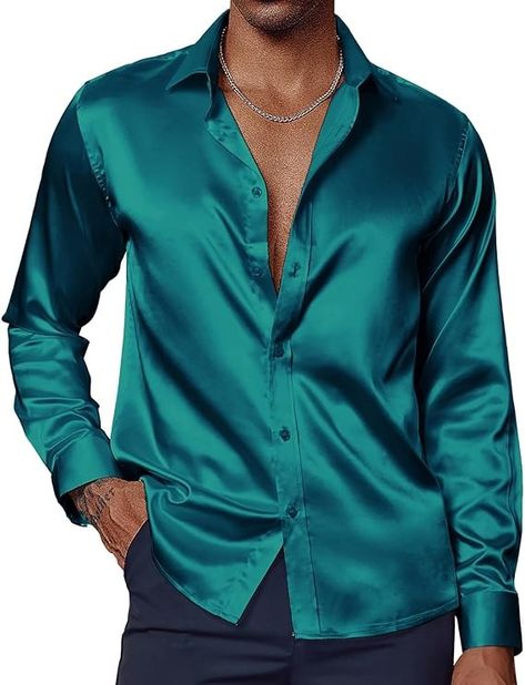 Amazon.com: PJ PAUL JONES Mens Satin Shirt 70s Disco Long Sleeve Shirts Silk Button Down Pajama Shirts Green 2XL : Clothing, Shoes & Jewelry Men’s Silk Shirt, Mens Satin Shirt, Silk Shirt Outfit, Carnival Date, Shirt Wrinkles, Shirt Jacket Men, 70s Shirts, Satin Shirt Dress, Disco Shirt