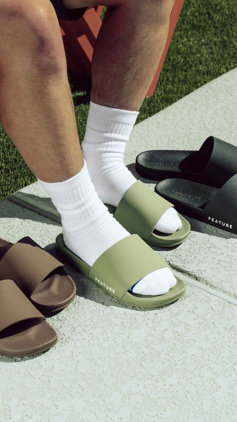 Slide Photoshoot, Socks With Slides, Sandals Outfit Aesthetic, Slides Photography, Sandals Photoshoot, Slippers Photography, Sandal Photography, Slipper Photography, Fila Slides