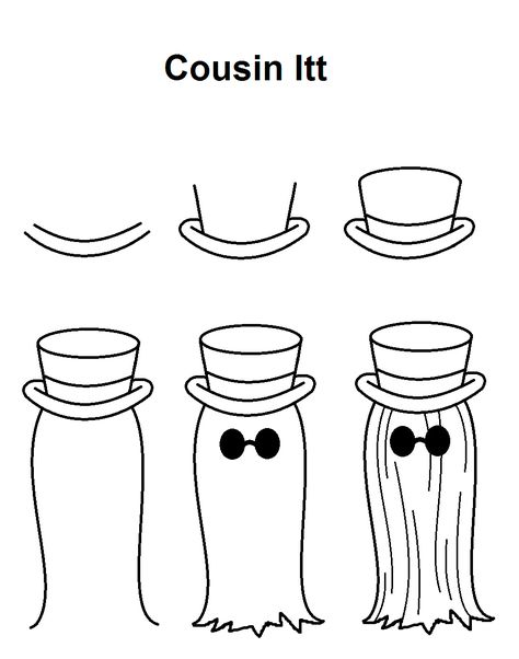 Step-by-step to draw Cousin Itt from The Addams Family. Adams Family Doodle, Thing From Addams Family Drawing, The Adams Family Drawing, Cousin It Tattoo Addams Family, Adams Family Clipart, Addams Family Doodles, Thing Addams Drawing, Adams Family Drawing Easy, Addams Family Drawings Easy