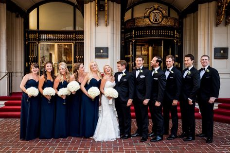 Elegant Black Tie Wedding in San Francisco at the Mark Hopkins Hotel Navy Black Tie Wedding, Elegant Black Tie, Tall Floral Arrangements, Navy Blue Bridesmaids, San Francisco Engagement, Navy Blue Bridesmaid Dresses, Ceremony Design, Historic Wedding, Cake Inspo