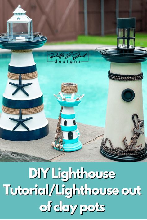 DIY Lighthouse Tutorial/Lighthouse out of clay pots/Garden lighthouse Lighthouse Diy How To Make, Lighthouse Theme Party, Terracotta Lighthouse, Diy Lighthouse Crafts, Diy Light House, Fruit Of The Spirit Vbs, Lighthouse Diy, Beach Theme Backyard, Diy Clay Pots