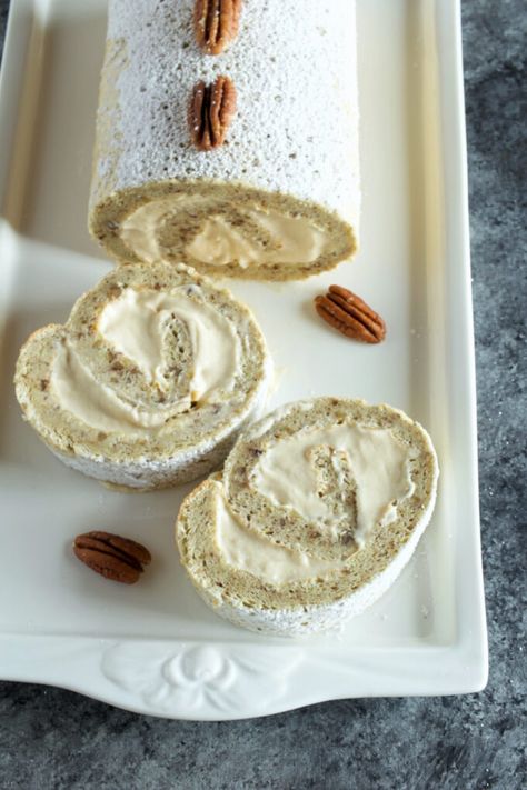 Pecan Cake Roll - My Country Table My Country Table, Butter Pecan Cake, Caramel Filling, Cake Rolls, Pecan Rolls, Creamy Caramel, Homemade Frosting, Country Table, Pecan Cake