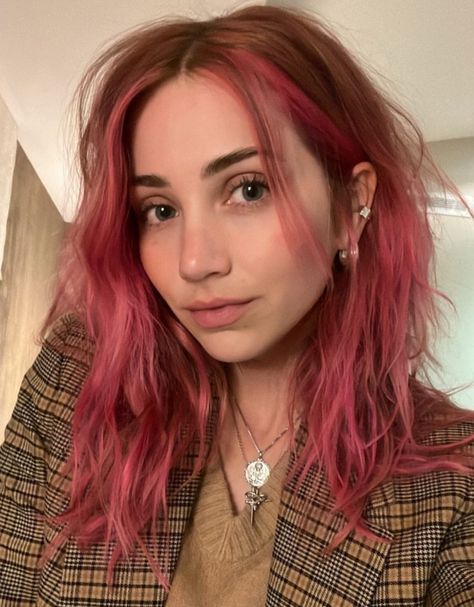 Blush Pink Hair Balayage, Natural Red With Blonde Money Piece, Natural Red And Pink Hair, Long Hair Pink Ends, Burgundy Hair With Brown Roots, Reddish Pink Highlights, Undercut Pink Hair, Bright Pink Underneath Hair, Shaggy Pink Hair