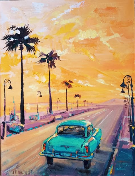 Beachy Art, Road Painting, Scenery Paintings, Soyut Sanat Tabloları, Sunset Art, Nature Art Painting, Night Painting, Vintage Poster Art, Diy Canvas Art Painting