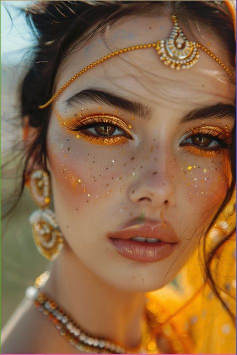 Mystic Makeup, Hippie Makeup Looks, Desert Makeup, Vibrant Makeup Looks, Carnaval Makeup, Festival Eyeshadow, India Makeup, Hippie Makeup, Make Up India