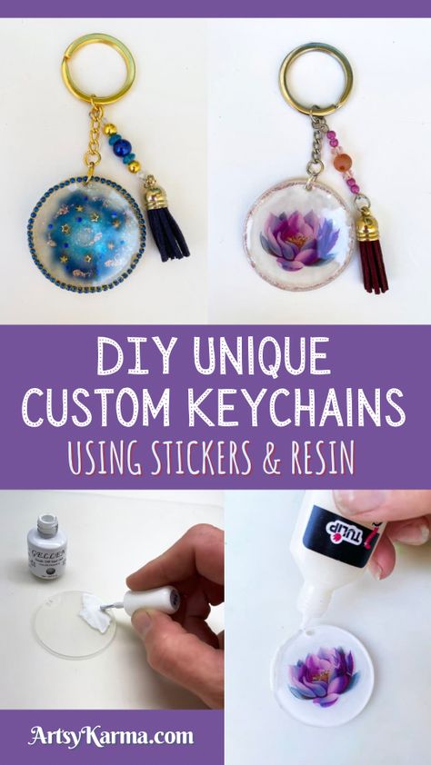 DIY Keychains Using Resin and DIY Stickers - Step by Step Tutorial Diy Resin Keychain, Diy Keychains, Polish Crafts, Using Resin, Custom Keychains, Nail Polish Crafts, Awesome Crafts, Amazing Crafts, Rhinestone Crafts