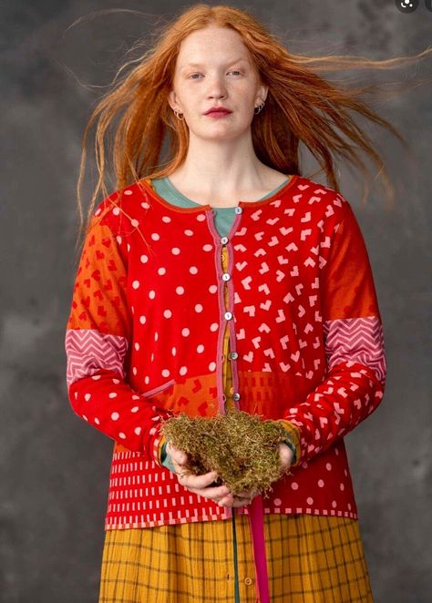 New GUDRUN SJODEN Organic Cotton Jacquard Cardigan  | eBay Pretty Cardigans, Boho Mode, Gudrun Sjoden, Swedish Fashion, Cotton Cardigan, Layered Look, Red Hair, Red Leather Jacket, Style Me