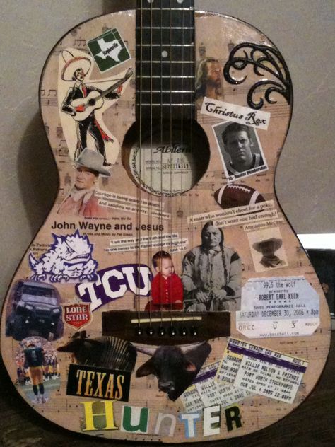 Decoupage Guitar Guitar Decorating Ideas, Acoustic Guitar Stickers Ideas, Guitar Decor Ideas, Decorated Acoustic Guitar Aesthetic, Acoustic Guitar Aesthetic Painted, Decoupage Guitar, Decorated Guitars Stickers, Guitars With Stickers, Guitar Art Diy