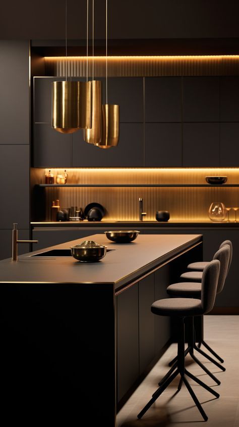 Dark Cozy Home, Black And Gold Kitchen Ideas, Apartment Design Plan, Kitchen Modern Minimalist, Contemporary Black Kitchen, Black Gold Kitchen, Lux Kitchen, Yellow Kitchen Cabinets, Black And Gold Kitchen