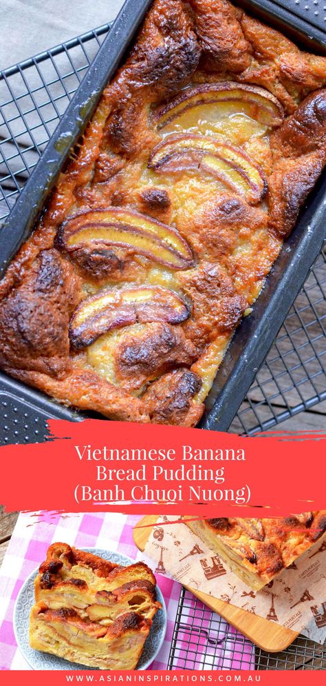 A sweet and fragrant indulgence, Vietnamese Banana Bread Pudding with rum-marinated bananas is delicious. Try this Banh Chuoi Nuong recipe! Recipe by Asian Inspirations. #banana #bannarecipes #bananapudding #vietbananapudding #vietnamesebananapudding #bananabreadpudding #vietnamesebananabreadpudding #bananabread #bananabreadrecipes #vietnamesedessert #asiandessert #asiadnfooddesserts #vietnamesefood #vietnamesereipces Vietnamese Banana Dessert, Banh Chuoi Nuong, Banana Roti Thai, Thai Banana Dessert, Viet Dessert, Vietnamese Dessert Recipe, Vietnamese Sweets, Asian Inspired Desserts, Vietnamese Breakfast