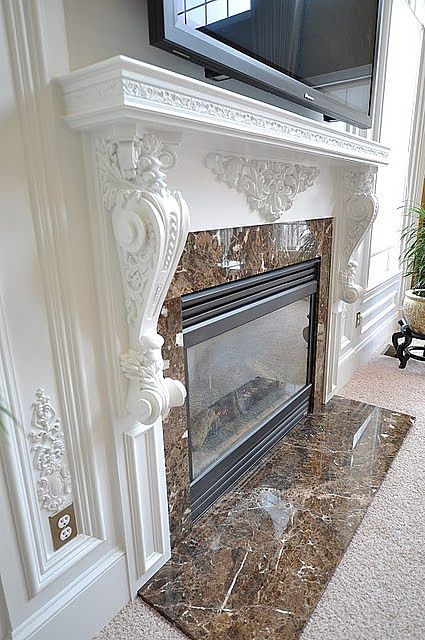 Perfect! White Fireplace Mantels, Accent Ceiling, Marble Fireplace Surround, White Fireplace, Faux Fireplace, Fire Places, Decorative Mouldings, Fireplace Surround, Marble Fireplaces