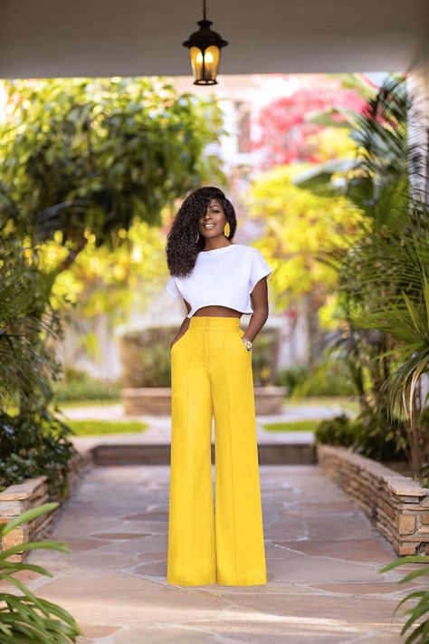 Buttoned-Back Crop + High Waist Pants – StylePantry Yellow Trousers Outfit, Yellow Pants Outfit, Wide Leg Trousers Outfit, Palazzo Pants Outfit, Black Pants Outfit, High Waisted Pants Outfit, Style Pantry, Leg Pants Outfit, Trouser Outfit