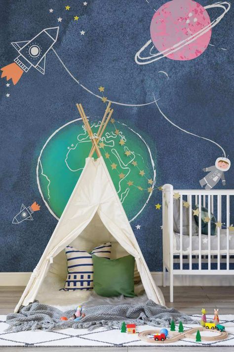 Want ideas on fantastic wallpaper for your child's bedroom. Look no further. Here is a post full of great decorating ideas for the little explorer in your home. Interiors, Kids Style, home and family Fantastic Wallpapers, Space Themed Bedroom, Kids Room Inspiration, Teepee Tent, Roald Dahl, Space Theme, Bedroom Themes, Child's Room, Nursery Wall Decor