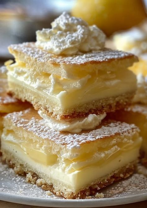 Indulge in creamy Vanilla Custard Cream Squares! A delightful treat with rich custard and buttery crust. Perfect for dessert lovers! #VanillaDelight #CustardLovers #DessertSquares Cream Slice Recipe, Custard For Tarts, Almond Cream Cheese Bars, Vanilla Custard Cream Cake, Classic Vanilla Custard Bars, Caramel Custard Tart, Vanilla Custard Squares, Custard Rolls Recipe, Dessert For Family Dinner