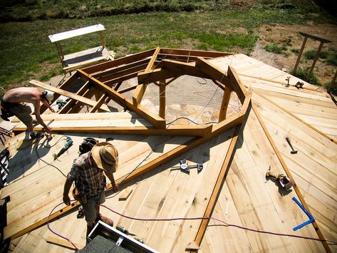 Reciprocal Roof, Timber Logs, Mud House, Deck Construction, Wood Architecture, Lower Deck, Cob House, Natural Building, Patio Gazebo