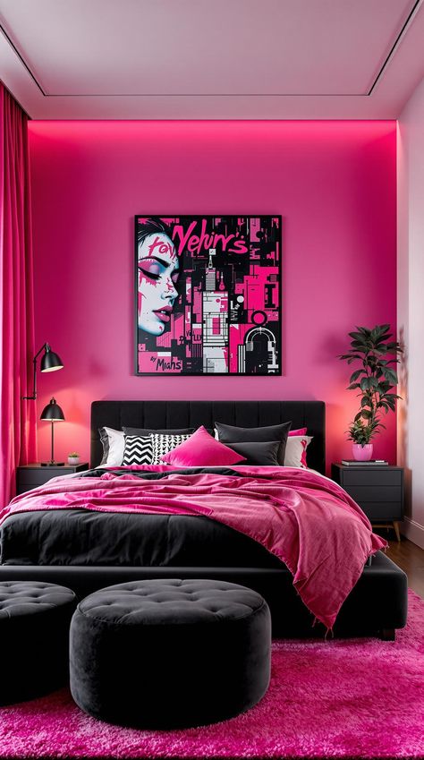 Pink and Black Bedrooms Black And Hot Pink Room, Pink And Black Bedroom Aesthetic, Hot Pink Room Aesthetic, Black Glam Bedroom, Black Bedroom Inspirations, Black And Pink Bedroom Ideas, Pink And Black Room Ideas, Eclectic Bedroom Furniture, Pink And Black Bedroom Ideas