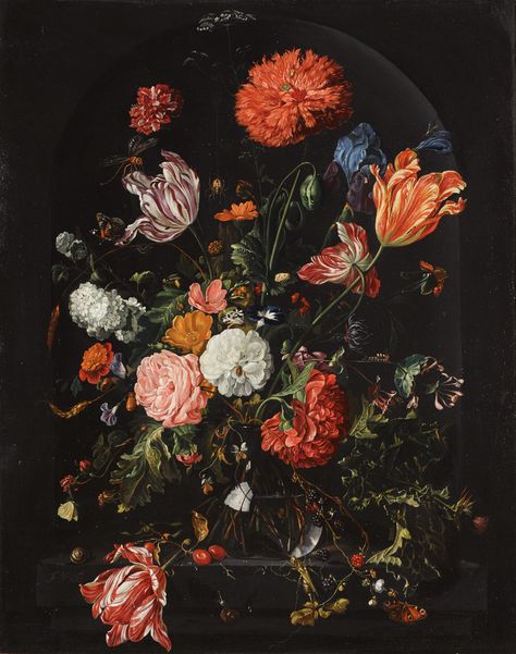 AFTER JAN DAVIDSZ. DE HEEM | STILL LIFE WITH CARNATIONS, TULIPS, ROSES AND OTHER FLOWERS IN A GLASS VASE, WITH INSECTS, ALL IN A STONE NICHE | Old Master Paintings2020 | Sotheby's Stone Niche, Burgundy Flowers, Painting Flowers, Old Master, Posters And Prints, Lovely Print, Still Life Painting, Burgundy Color, Fine Art America