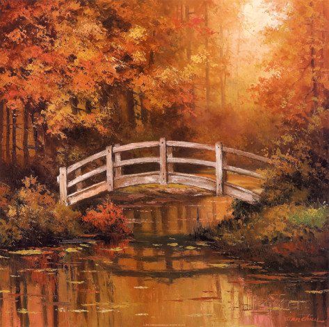 Christmas and Winter, and the Beauty of Spring, Summer and Fall. Bridge Tattoo, Bridge Drawing, Bridge Wall Art, Bridge Painting, Bridge Art, Landscape Digital, Painting Party, Wooden Bridge, Autumn Painting