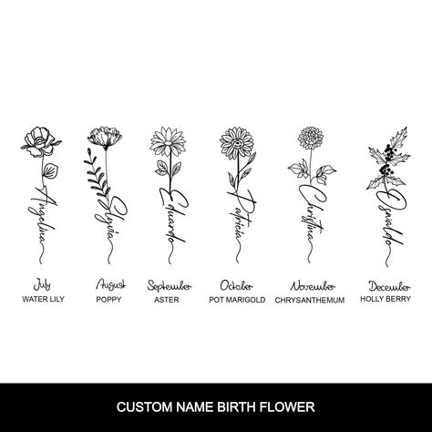 Name Written In Flowers Tattoo, Oct Flower Tattoo Birth Month, June Birth Flower Tattoo With Name, Birth Month Animal Tattoo, Birth Month Flower Tattoos On Arm, May Birth Tattoo, Birthday Month Flower Tattoo Ideas, Monthly Flowers Tattoos, Leo Birth Flower Tattoo