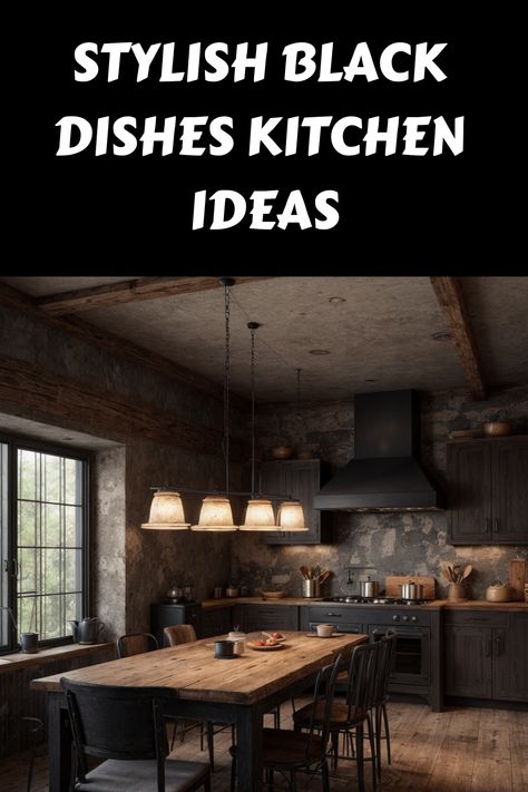 Stylish rustic kitchen with black dishes on wooden table and stone walls. Kitchen Platform Ideas, Kitchen With Black Cabinets, Black Dishes, Kitchen Platform, Modern Rustic Kitchen, Boho Style Kitchen, Black Kitchen Design, Modern Black Kitchen, Wooden Countertops