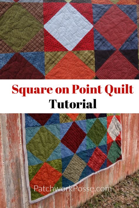 A vibrant square-on-point quilt graces a rustic wooden backdrop, showcasing a mix of patterned and solid fabric squares. The text reads, "Square on Point Quilt Tutorial," accompanied by a website link below. Wooden Backdrop, Wooden Backdrops, Lap Quilts, Quilt Tutorial, Quilt Tutorials, Fabric Squares, Quilt Blocks, Square, Fabric