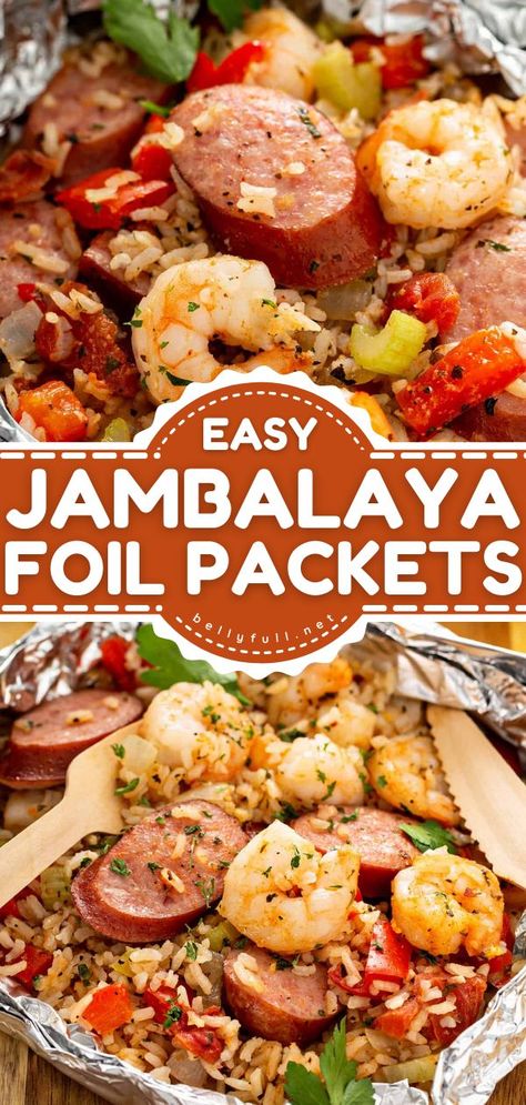 Jambalaya Foil Packets, camping food, foil packet meals Easy Foil Packet Meals, Foil Packet Dinners, Foil Pack Meals, Foil Dinners, Easy Weekday Meals, Foil Packet Meals, Super Easy Dinner, Foil Packet, Jambalaya Recipe