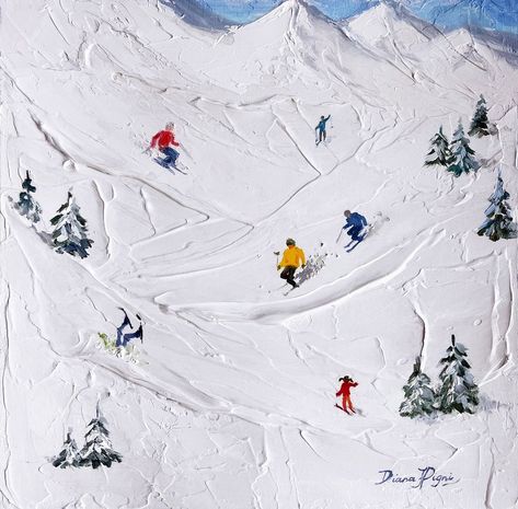 Skiing Painting, Spackle Art, Mountain Skiing, Pine Tree Painting, Christmas Pine Tree, Acrylic Painting Inspiration, Ski Art, Learn Watercolor Painting, Oil Painting Inspiration