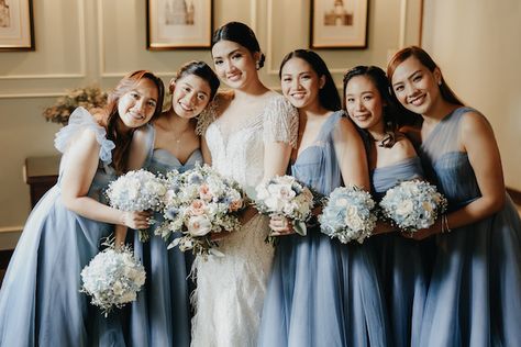 Dusty Blue Entourage, Dusty Blue Bridesmaid Bouquet, Blue Entourage, Entourage Gowns, Wedding Dusty Blue, Wedding Motif, Philippine Wedding, Filipino Wedding, Dream Wedding Reception