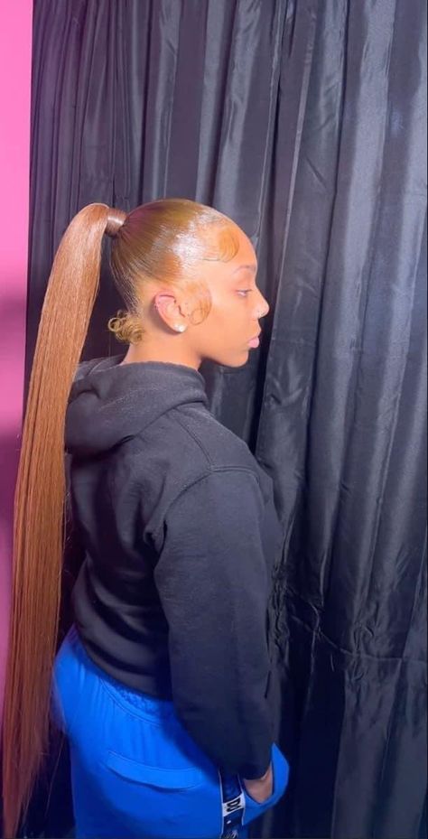 Two Braids In Front With Hair Down Weave, Slick Hairstyles Baddie Braid, Colored Ponytail Weave, Ginger Sleek Ponytail, Ginger Slick Back Ponytail, Back Ponytail Weave Slick, 3 Part Slick Back Ponytail, V Part Slick Back Ponytail, Slick Back Braided Ponytail Weave