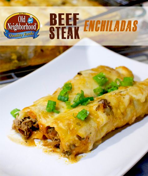 Beef Steak Enchiladas • Old Neighborhood Foods Shaved Steak Recipes, Shaved Steak Recipe, Beef Noodle Salad, Steak Enchiladas, Cheese Empanadas Recipe, Sunday Treats, Lemongrass Beef, Bistek Tagalog, Shaved Beef