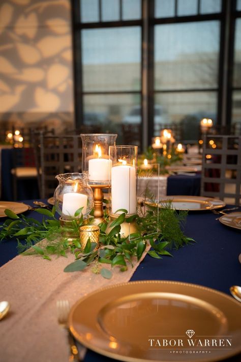 Navy Blue Mint Green Gold Wedding Decor, Navy And Gold Rustic Wedding, Blue Pillar Candles Wedding, Navy And Gold Event Decor, Navy Copper Sage Wedding, Blue And Green Wedding Reception, Navy And Copper Wedding Centerpieces, Navy And Gold Flower Arrangements, Gold And Green Wedding Centerpieces