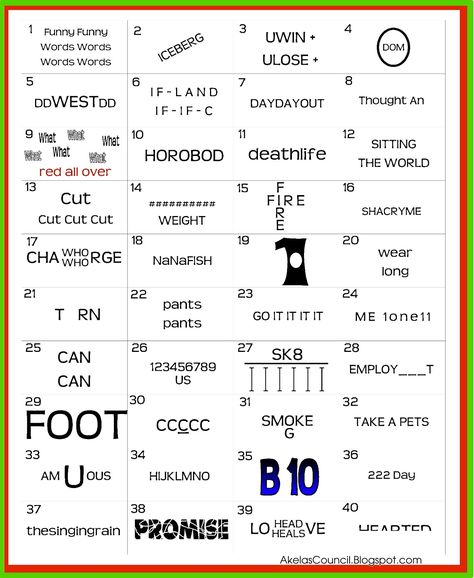 Printable Rebus * Word Puzzle PreOpener - Printable Party Game Brain Teaser for Christmas Parties~ Cub Scout Pack Meeting ~ Free Printable.  Here is a fun Free printable to use for your Christmas Parties or Pack Meetings over the Holidays.  Could be used at the Blue & Gold banquet or other Cub Scout event during the year.  It is a great preopener to get people talking to and socializing with each other before the event starts.  A great ice breaker. Word Puzzles Brain Teasers, Word Brain Teasers, Printable Brain Teasers, Pack Meeting, Brain Teasers With Answers, Rebus Puzzles, Brain Teasers For Kids, Brain Teaser Games, Trick Questions