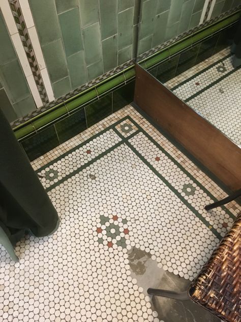 Victorian subway tiles and penny mosaics in changing room at Joy, Greenwich Penny Tile Bathroom Floor Designs, Penny Tile Entry, Victorian Tile Bathroom, Hexagon Penny Tile Bathroom, Penny Mosaic Tile Bathroom, Penny Tile Entryway, Penny Tile Words, Tiled Entryway Floor, Green Penny Tile