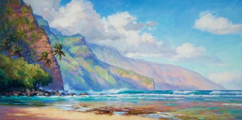 Napali Coast Hawai'i Art Oil Painting Hawaii Acrylic Painting, Maui Painting, Hawaii Drawing, Tropical Backgrounds, Hawaiian Painting, Behance Illustration, Hawaii Painting, Hawaiian Artists, Wine Ideas