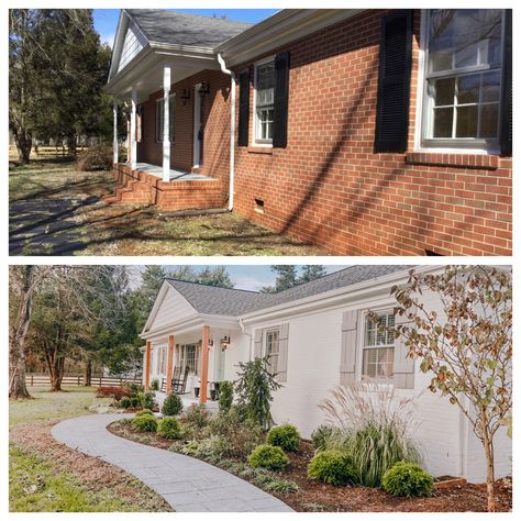 Before and After! Painted the brick white, built new shutters and added landscaping and roof. Slowly transforming this 1970 brick ranch house into our dream home. Love our curb appeal now. Follow me on Instagram at @thepepperedshed for more renovation and design inspiration on a budget! Renovation Facade, Brick Ranch Houses, Ranch House Remodel, Ranch House Exterior, Painted Brick House, Ranch Remodel, Ranch Exterior, Farmhouse Renovation, Brick Ranch