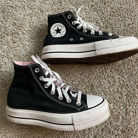 Womens black platform converse Black High Converse, Platform Converse Aesthetic, Converse Aesthetic Grunge, Converse Black Platform, Converse Platform Black, Platform Converse Black, Black Converse Platform, Hightop Platform Converse, Converse Platform Shoes