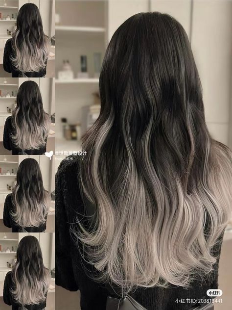 Black And Platinum Balayage, Half Silver Half Brown Hair, Ombre Bleached Hair, Brown Hair With White Ends, White Balayage On Dark Hair, Brown To White Ombre Hair, White Roots Dark Ends, Black To White Ombre Hair, Black Hair Bleached