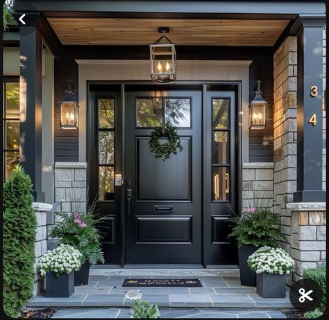 Black Door House Exterior, Black Front Entry Door, Modern Front Door With Sidelights, Entryway Doors Exterior, Black Front Door Hardware, Front Door White House, Front Black Door, Black Front Door Decor, Front Door With Side Lights