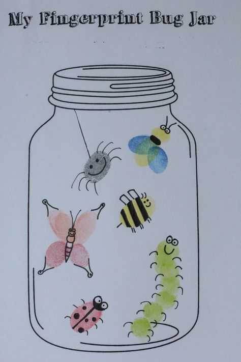 Found this FREE mason jar printable........ (http://avirtuouswoman.org/fingerprint-bug-jar-printable/)     Such a fun craft w/added writing prompt.  craft by Erin Mitchell Bug Activities, Insect Crafts, Fingerprint Art, Insects Theme, Bug Crafts, Footprint Art, Daycare Crafts, Handprint Art, Toddler Art