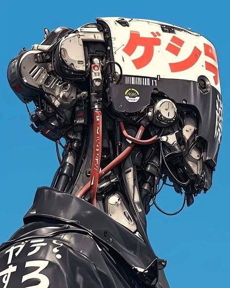 Droid Japanese Robot Art, Japanese Mecha Art, Cyberpunk Tech Concept Art, Cyberpunk Robot Art, Leather Jacket Illustration, Robot Head Design, Mech Head, Mecha Illustration, Jacket Illustration