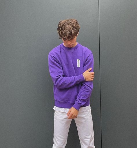 Purple Crewneck Outfit Men, Purple Crewneck Outfit, Purple Sweater Outfit Men, Men Purple Outfit, Crewneck Outfit Men, Purple Jeans Outfit, Purple Sweater Outfit, Violet Outfit, Joshua King