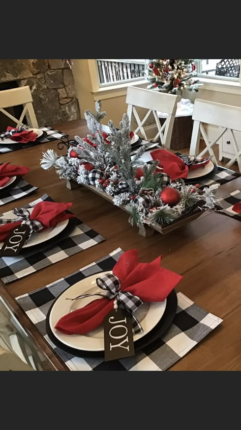 Christmas Table Black And White, Buffalo Check Table Setting Christmas, Black And White Checked Christmas Decor, Black And Red Buffalo Plaid Christmas, Red And Black Buffalo Plaid Christmas Tablescape, Black And White Buffalo Plaid Christmas Table Decor, Red And Black Christmas Table Decor, Buffalo Checkered Christmas Decor, Black White Christmas Table Decor