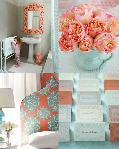 Custom Nursery Art by Kimberly: Cool Color Combo: Aqua and Coral or Mint and Peach Coral Bathroom Decor, Coral Bathroom, Turquoise Bathroom, Bathroom Decor Colors, Coral Wedding, Bathroom Colors, A Collage, Coral Turquoise, My New Room