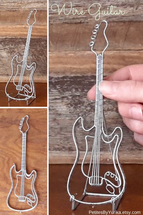 Guitar Wire Art, Wire Wrapped Guitar Tutorial, Wire Wrapped Guitars, Wire Guitar Jewelry, Guitar Gifts For Him, Wire Wrapped Guitar, Guitar Gift Ideas, Wire Guitar, Music Inspired Jewelry